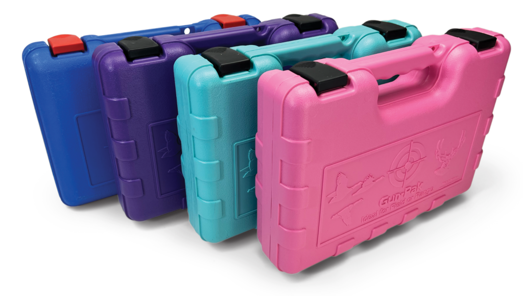 assorted colored hard plastic carrying cases in pink, teal, purple, and blue with black and orange latches
