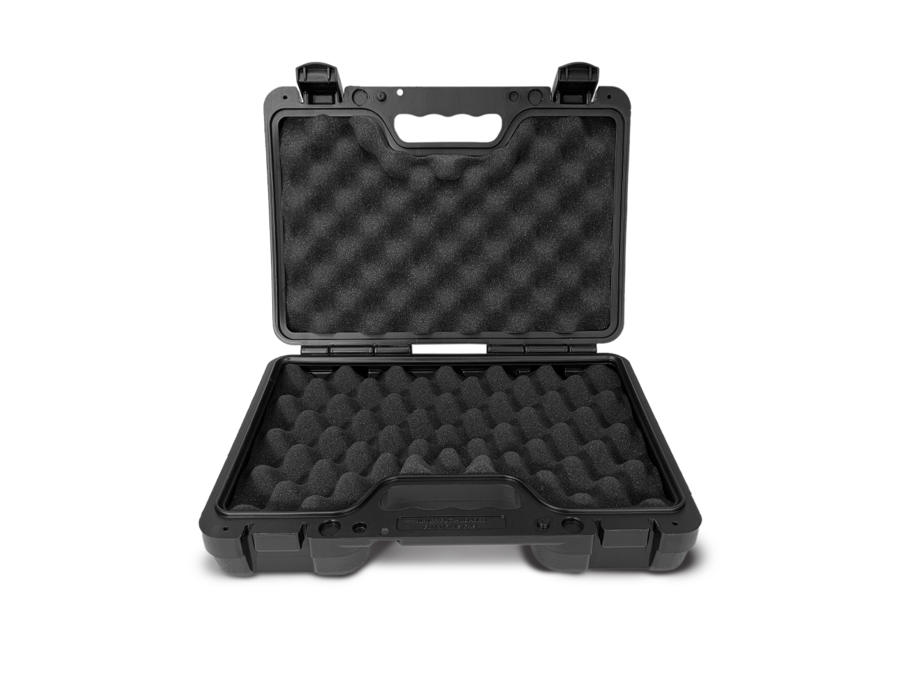 open black hard shell carrying case with protective foam lining